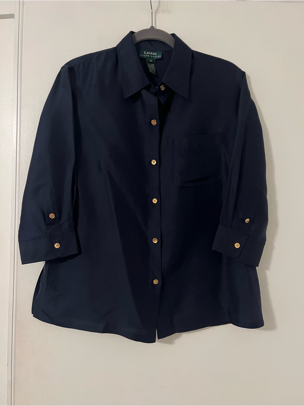 Ralph Lauren 100% silk Navy Button-Down Shirt with Gold Buttons 3/4 sleeves sz 8